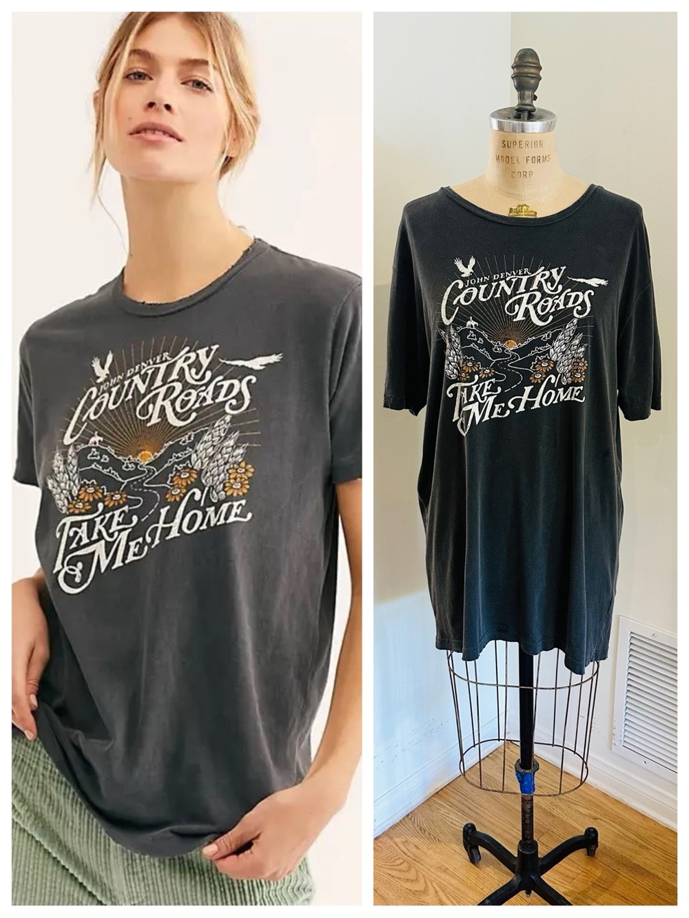 Free People x Midnight Rider Country Roads Tee in Washed Black, L